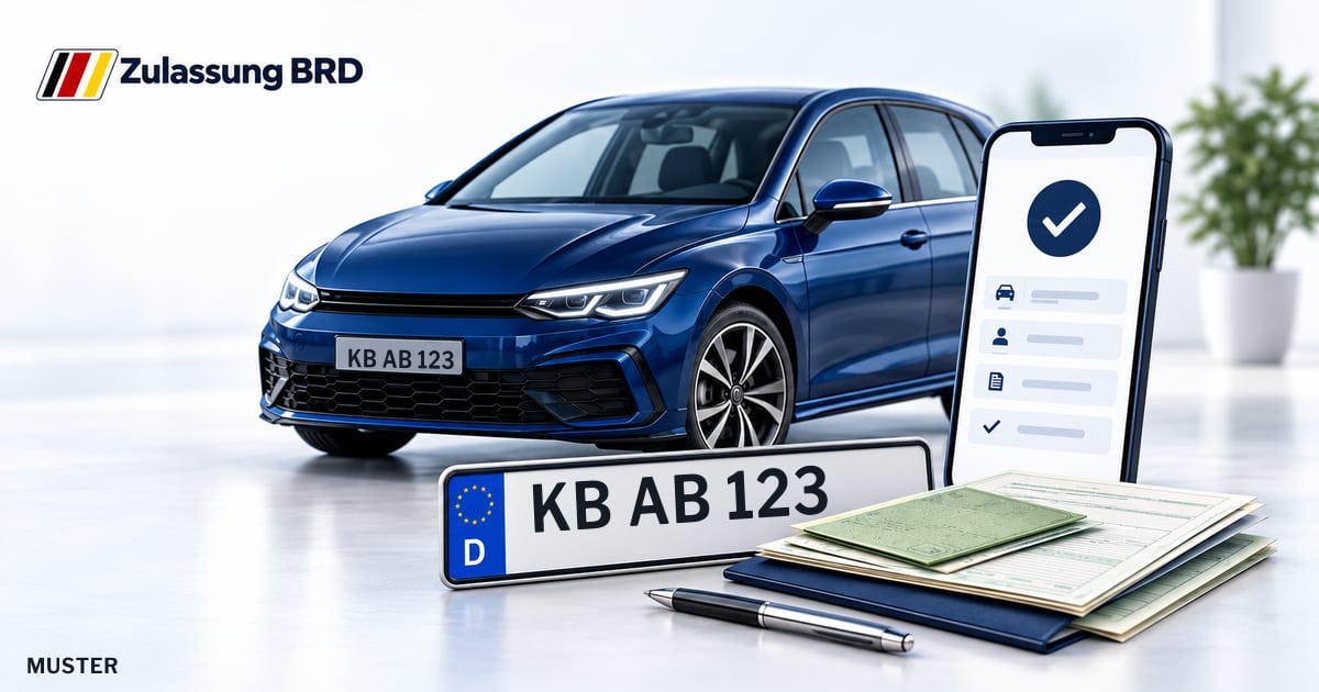 Online Fahrzeugzulassung in Willingen (Upland): Musterkennzeichen KB AB 123, Auto und Fahrzeugpapiere und Smartphone. Illustration mit Logo von Zulassung BRD.